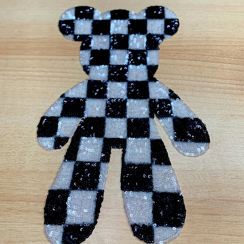 *NEW* Black Checkered Sequin Teddy  Appliqué